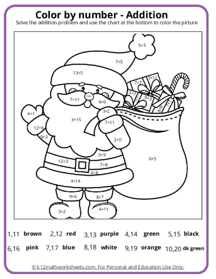 Free Color by Number Addition Christmas Worksheets