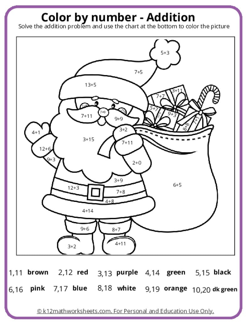 Christmas Colornumber Pages in Free Color By Number Addition Christmas Worksheets