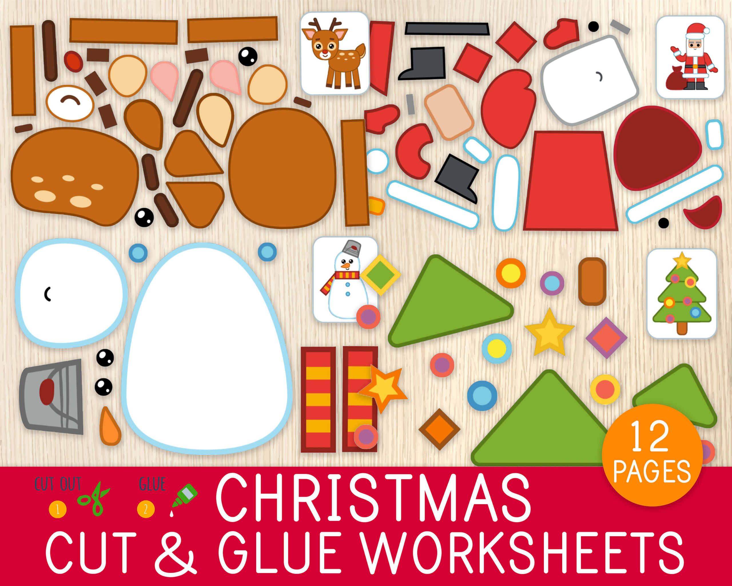 Christmas Cut &amp;amp; Glue Worksheets, 12 Activity Pages, Cut And Paste throughout Christmas Cut And Glue Worksheets