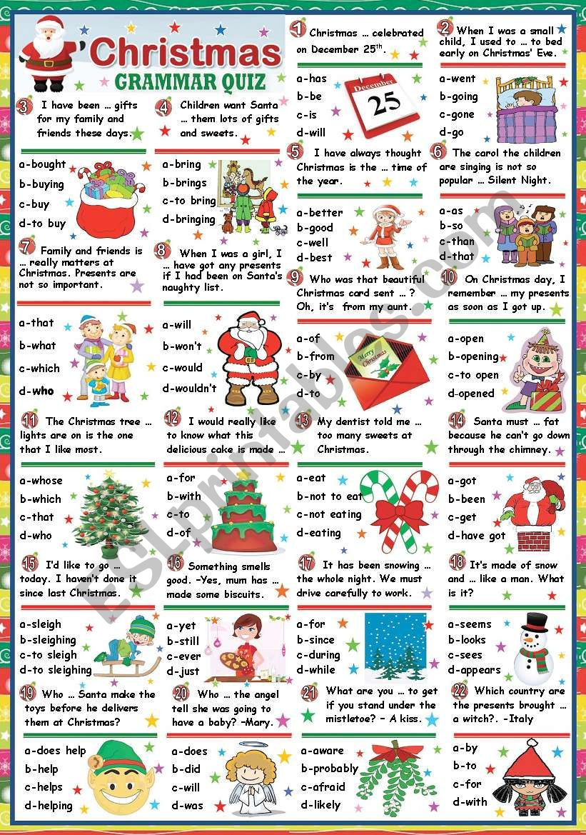 Christmas Grammar Quiz (Key Included) - Esl Worksheetkatiana within Christmas Grammar Worksheets