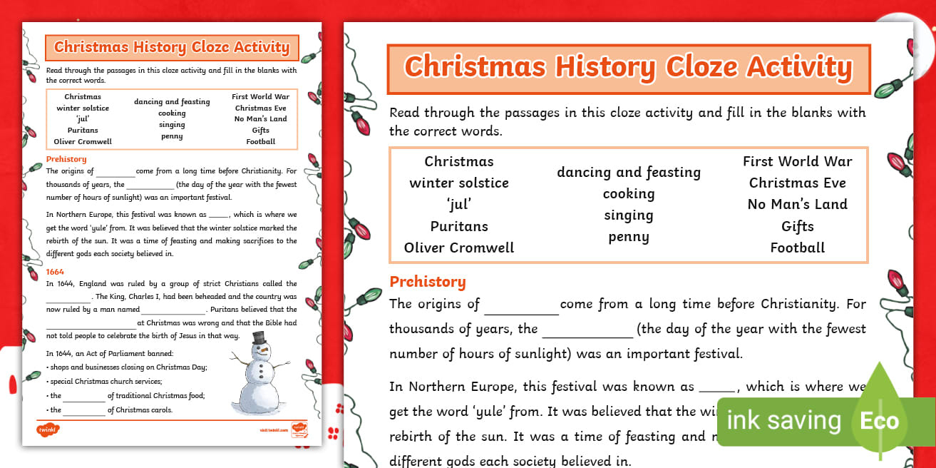 Christmas History Worksheet Cloze Activity with regard to Christmas Cloze Worksheets Answers
