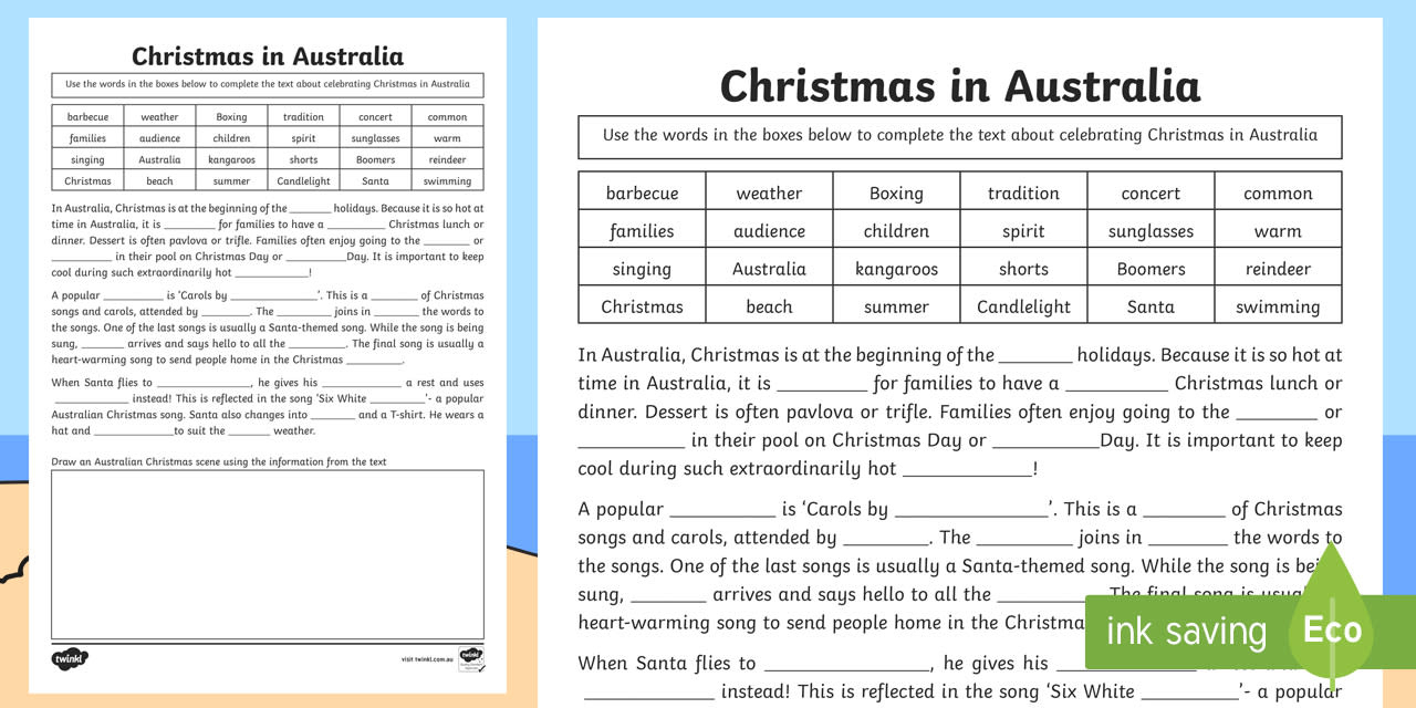 Christmas In Australia Cloze Worksheet with Christmas Cloze Worksheets Answers