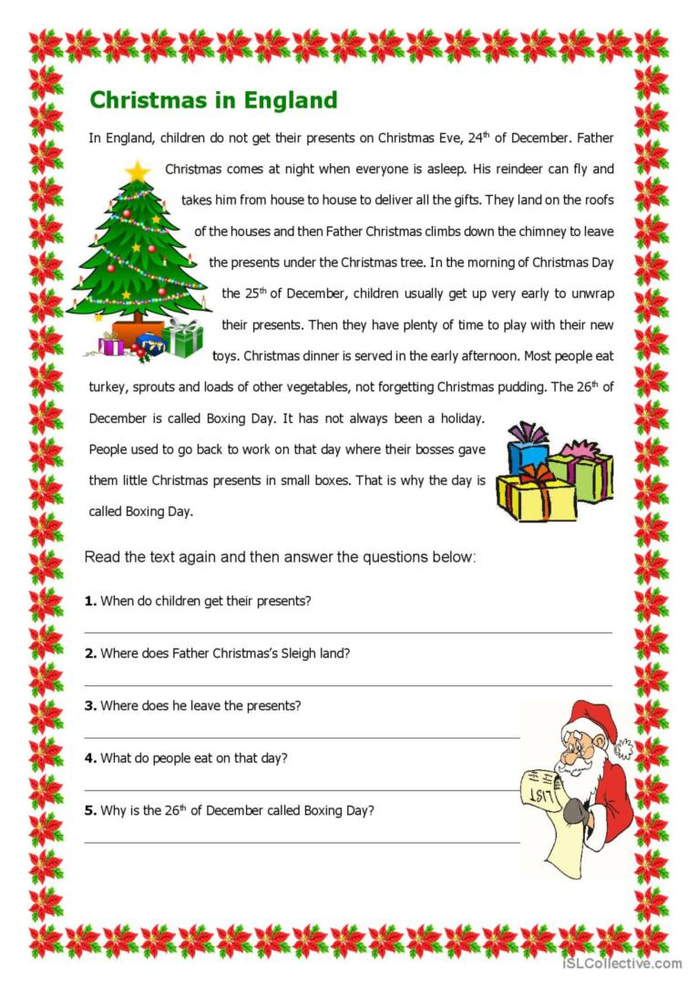 Christmas In England Reading For Det…: English Esl Worksheets Pdf in Christmas In England Worksheets
