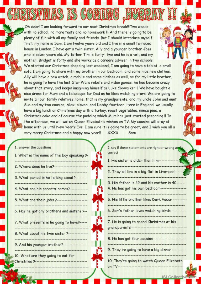 Christmas Is Coming : Christmas Re…: English Esl Worksheets Pdf &amp;amp; Doc for Christmas Day Reading Comprehension Worksheets