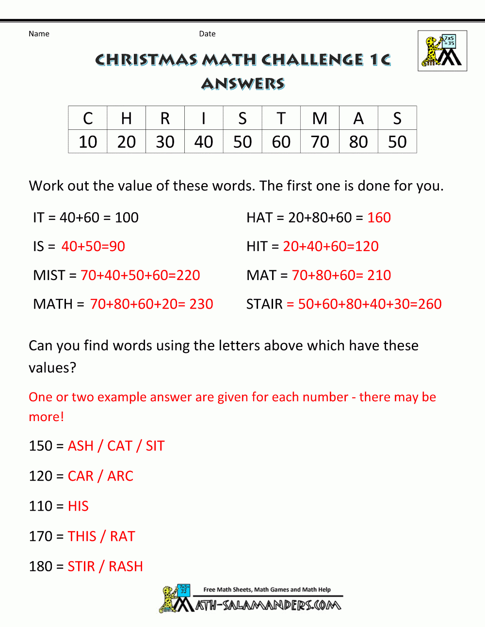Christmas Math Worksheets (Harder) for Christmas Values Worksheets Answers