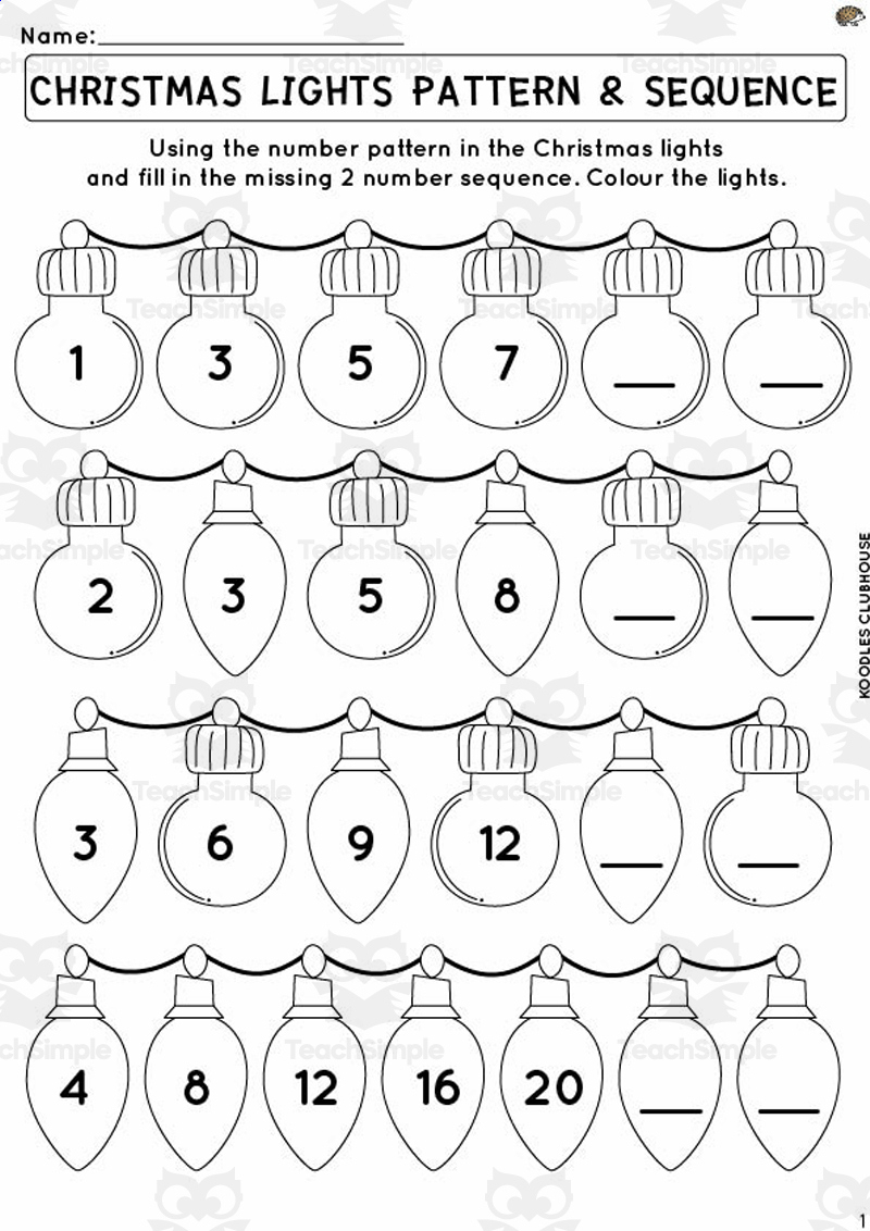 Christmas Sequence Lights Worksheets throughout Christmas Missing Number Worksheets