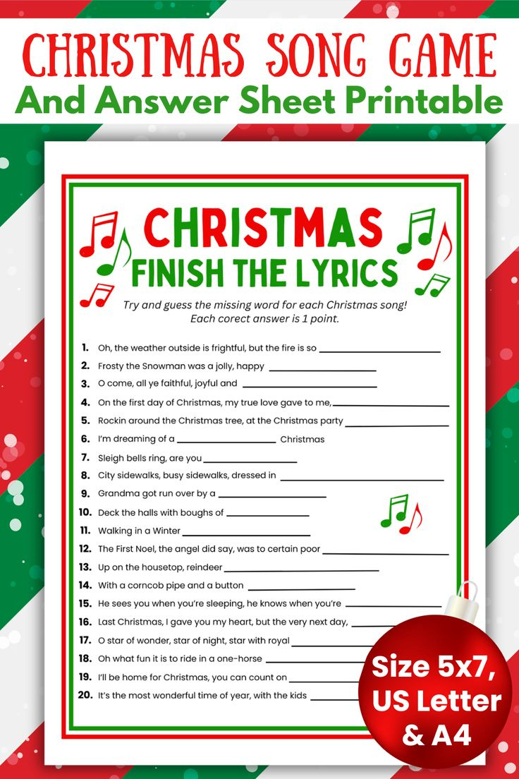 Christmas Song Game Finish The Lyrics Trivia Questions &amp;amp; Answers within First Letter of Christmas Carols Worksheets
