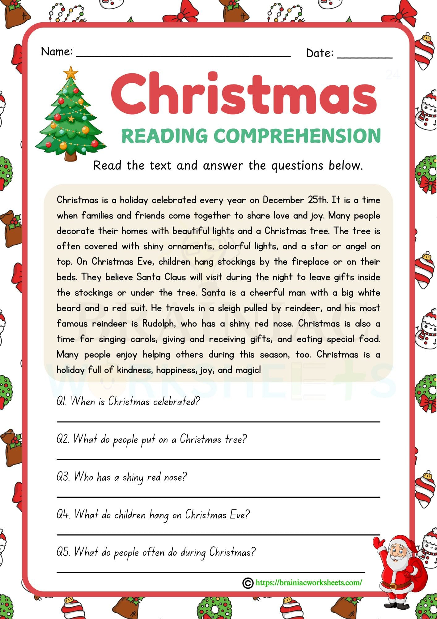 Christmas Story Reading Comprehension English Worksheet For Class intended for The Christmas Story Worksheets