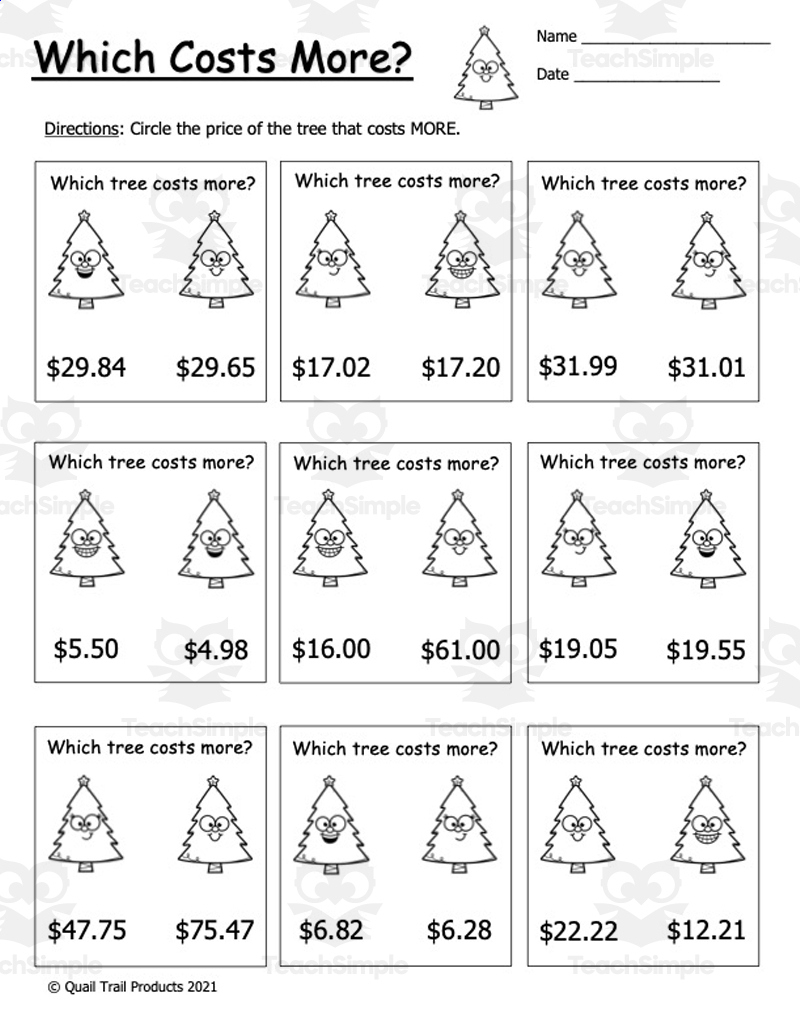 Christmas Tree Money Worksheets in Christmas Money Math Worksheets