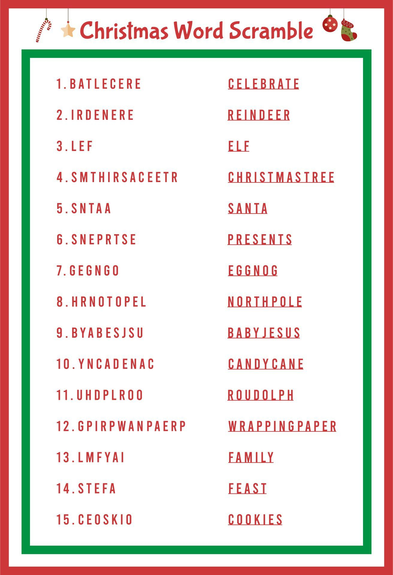 Christmas Word Scramble - 14 Free Pdf Printables | Printablee with Scrambled Christmas Worksheets Answers