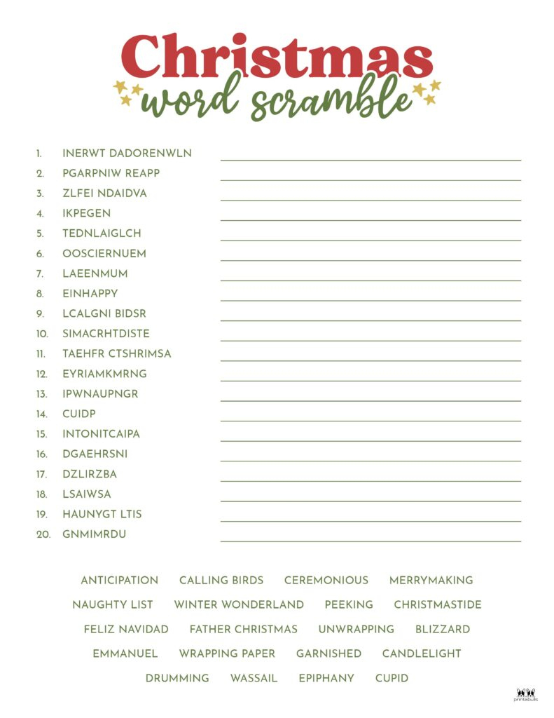 Christmas Word Scrambles - 15 Free Printables | Printabulls throughout Christmas Unscramble Worksheets For Adults