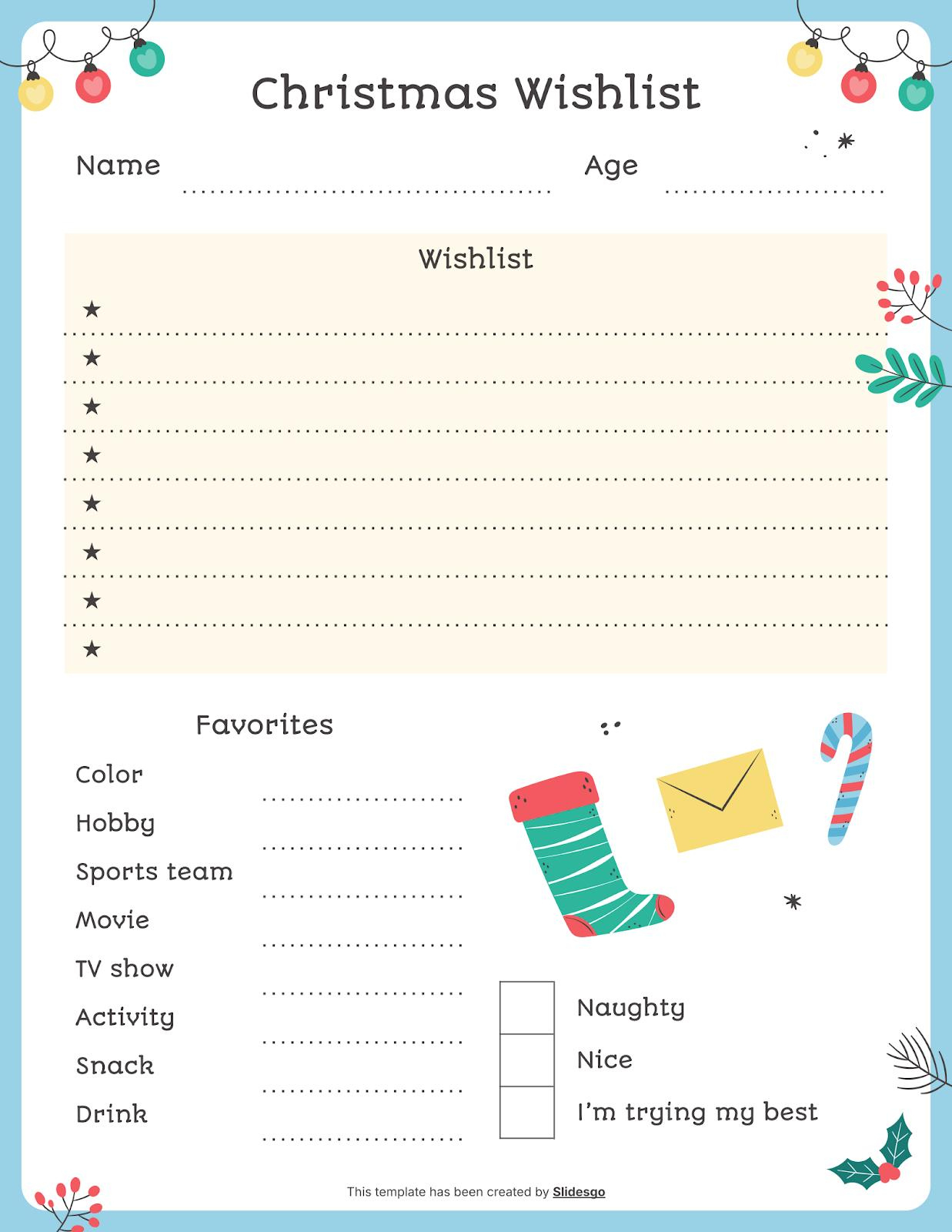 Dear Santa: My Christmas Wishlist Template for Christmas Wish List Worksheets