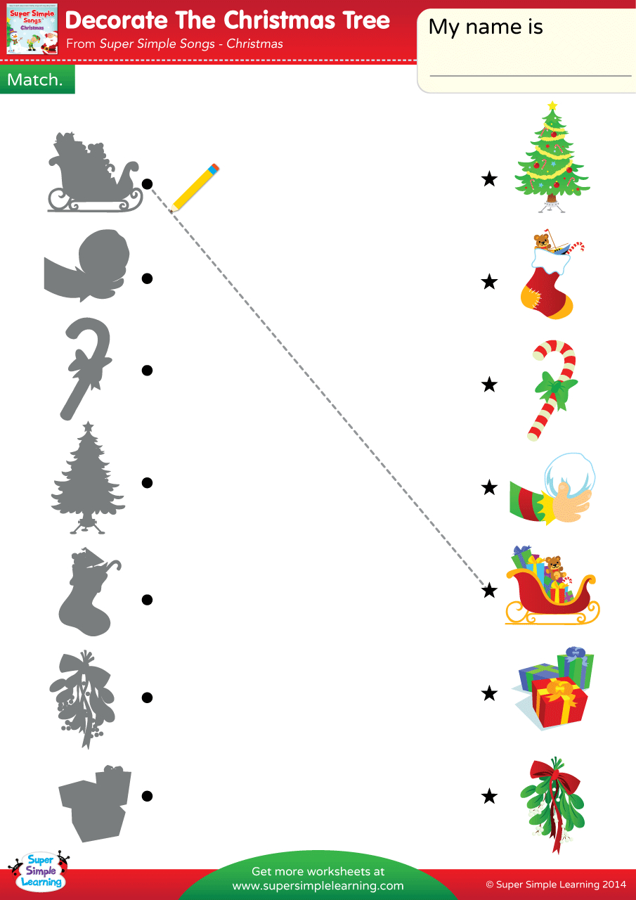 Decorate The Christmas Tree Worksheet - Match - Super Simple throughout Decorate Christmas Tree Worksheets