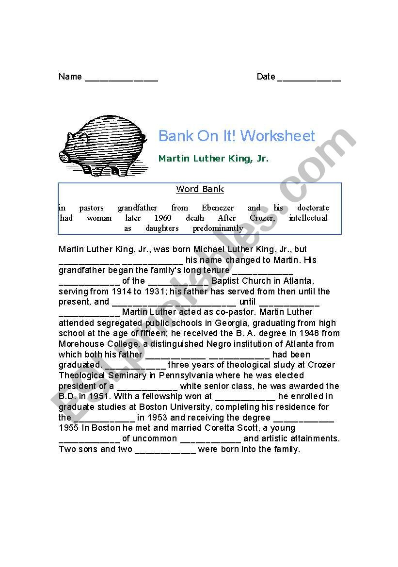English Worksheets: Mlk Bank On It! with Bank On It Worksheets Christmas Answers