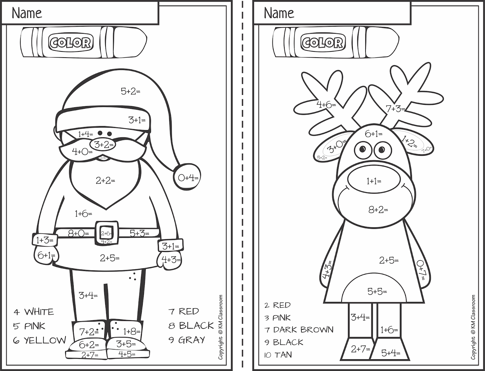 Free Christmas Colornumber Addition Within 10 | Km Classroom in Color by Number Addition Christmas Worksheets Free