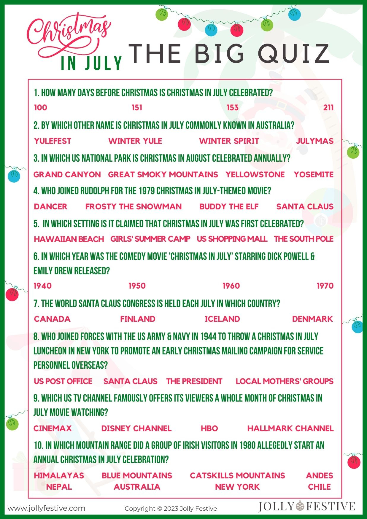 Free Printable Christmas In July Trivia Quiz - Jolly Festive regarding Christmas in July Worksheets