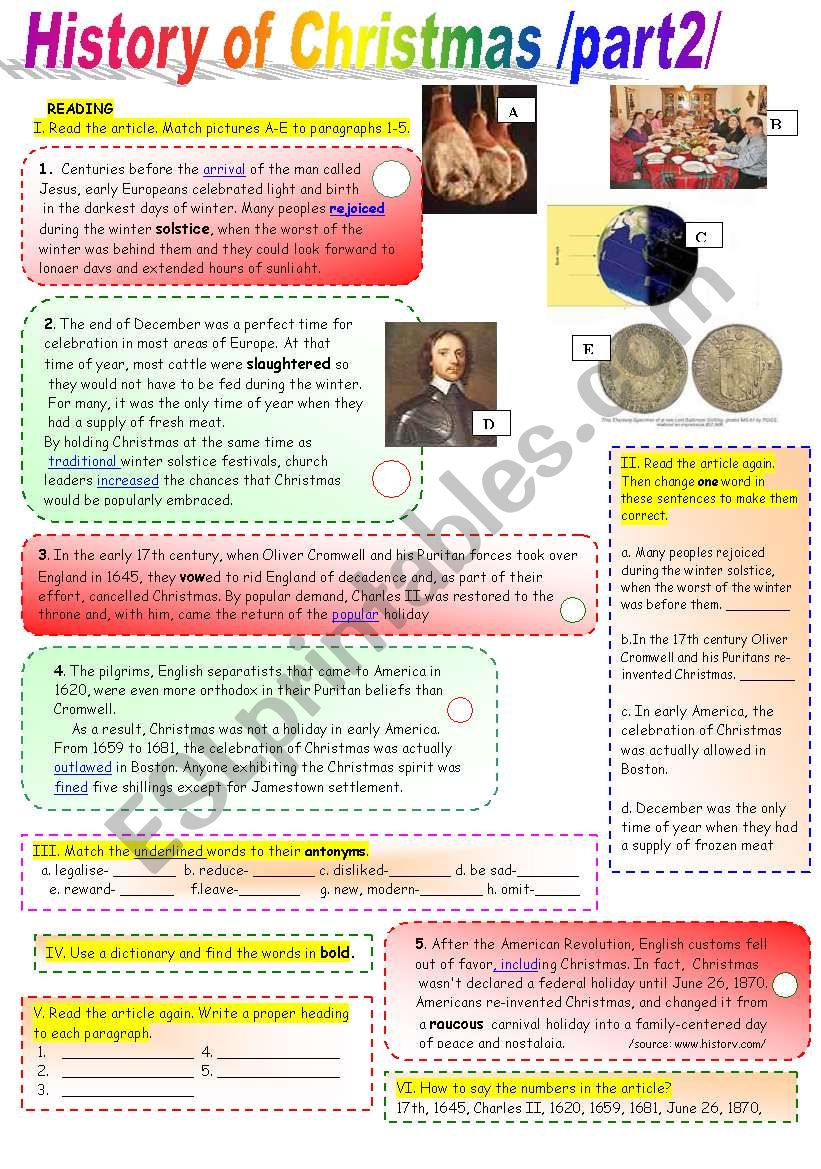 History Of Christmas /Part2/ With Key -Coloured+ Black&amp;amp;White - Esl throughout History of Christmas Carols Worksheets