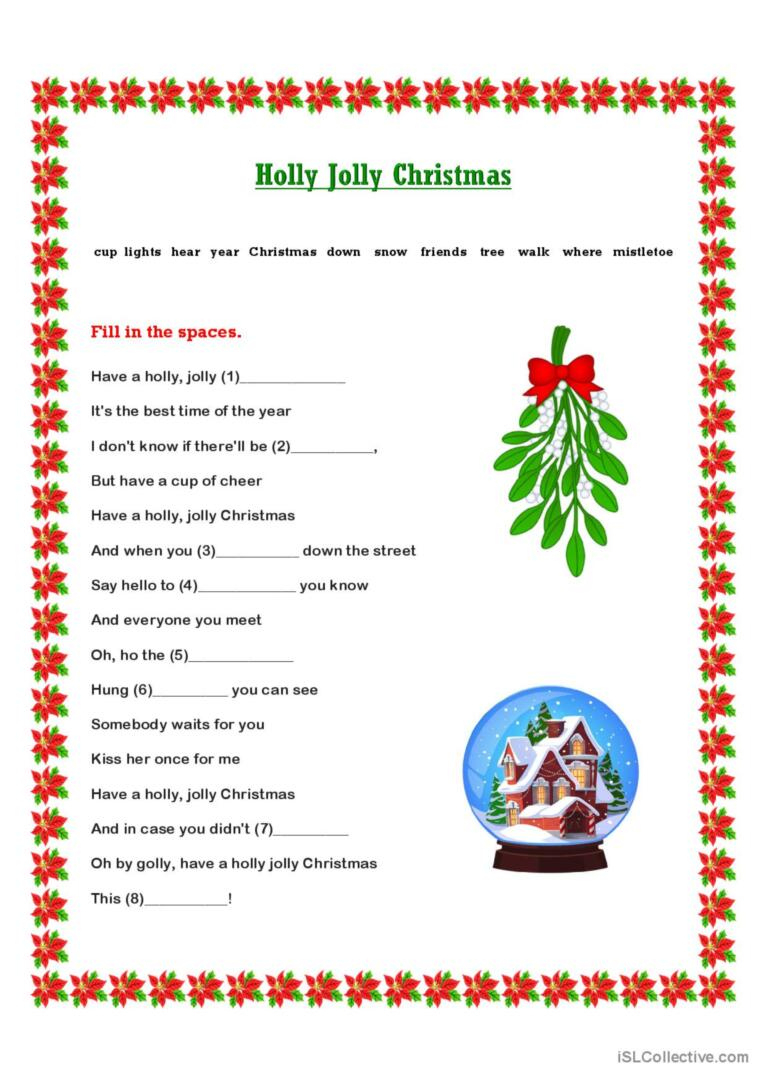 Holiday Christmas Carol Lyric Gap Fi…: English Esl Worksheets Pdf in Christmas Song Lyrics Worksheets