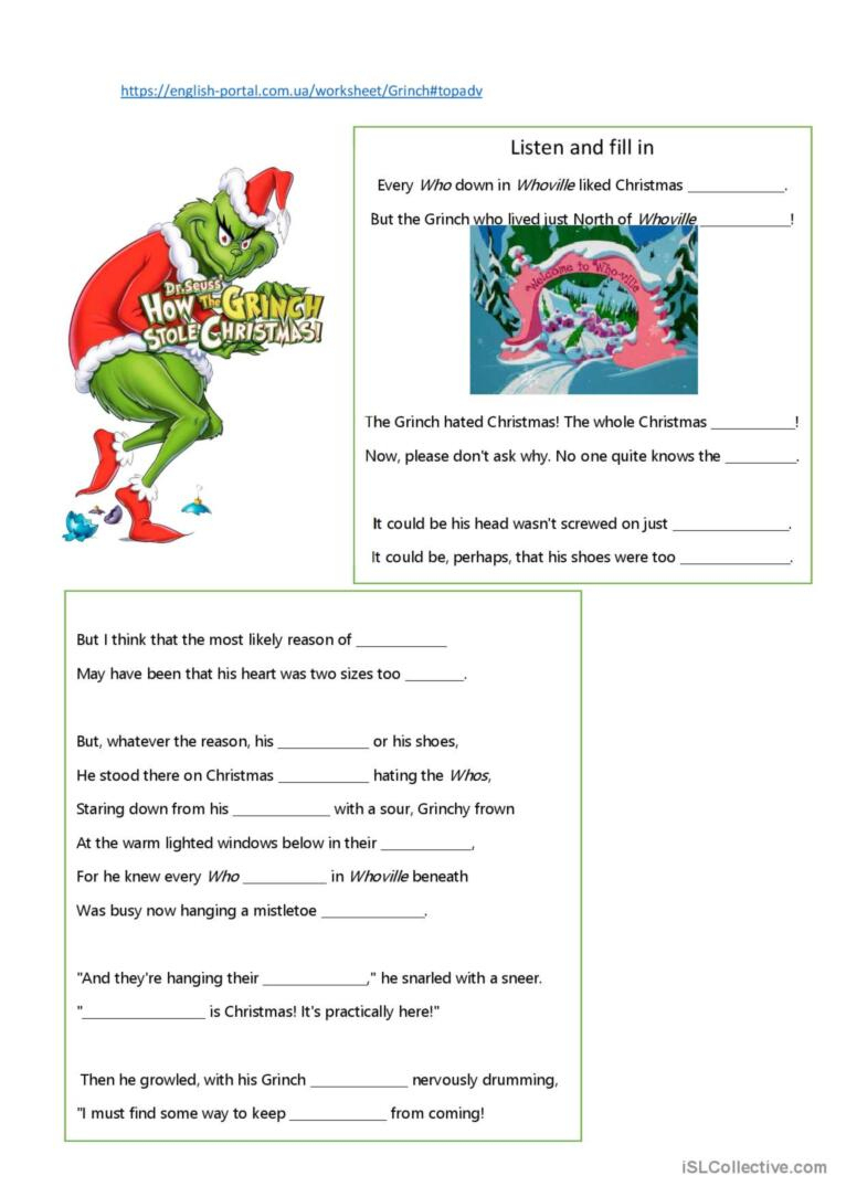 How The Grinch Stole Christmas Liste…: English Esl Worksheets Pdf pertaining to How The Grinch Stole Christmas Worksheets