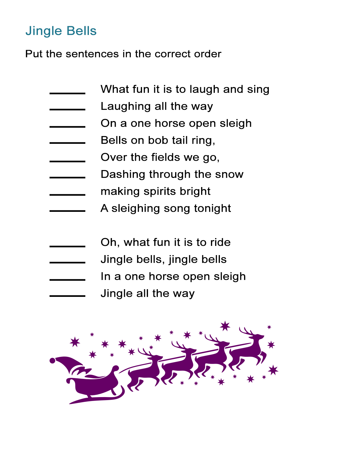 Jingle Bells For Kids Worksheet: Re-Order The Song Lyrics Activity with regard to Christmas Songs Worksheets Printable