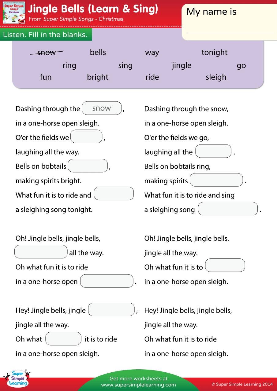Jingle Bells Worksheet - Fill In The Blanks - Super Simple pertaining to Christmas Songs Activities Worksheets