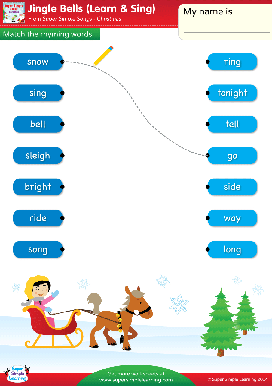 Jingle Bells Worksheet - Match The Rhyming Words - Super Simple regarding Christmas Rhyming Words Worksheets