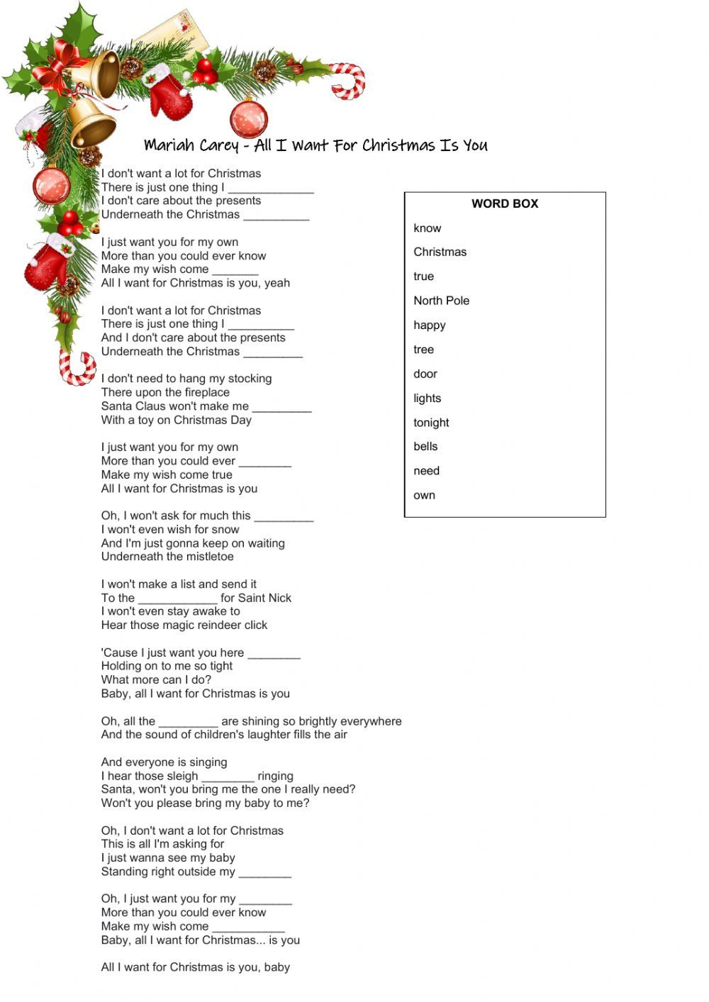 Mariah Carey - All I Want For Christmas Is You Worksheet in All I Want For Christmas Is You Worksheets