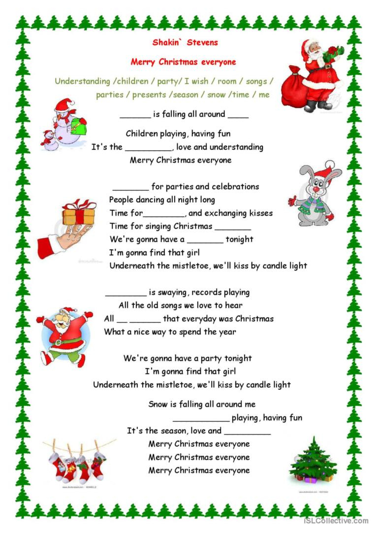 Merry Christmas Everyone Song Song A…: English Esl Worksheets Pdf throughout Christmas Song Picture Worksheets
