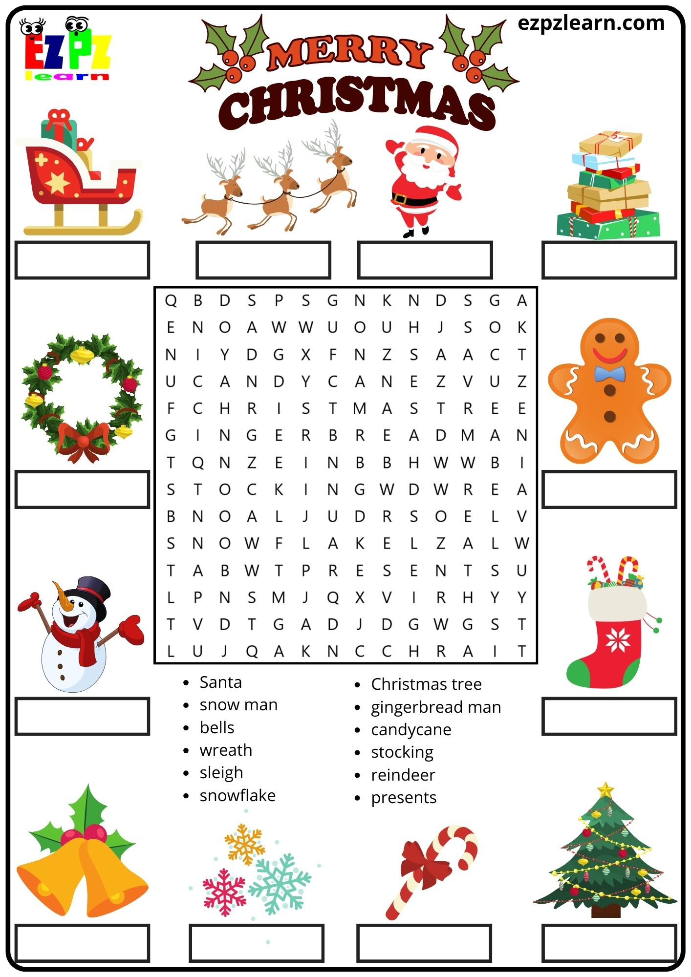 Merry Christmas Vocabulary Word Search And Match The Words intended for Esl Christmas Worksheets