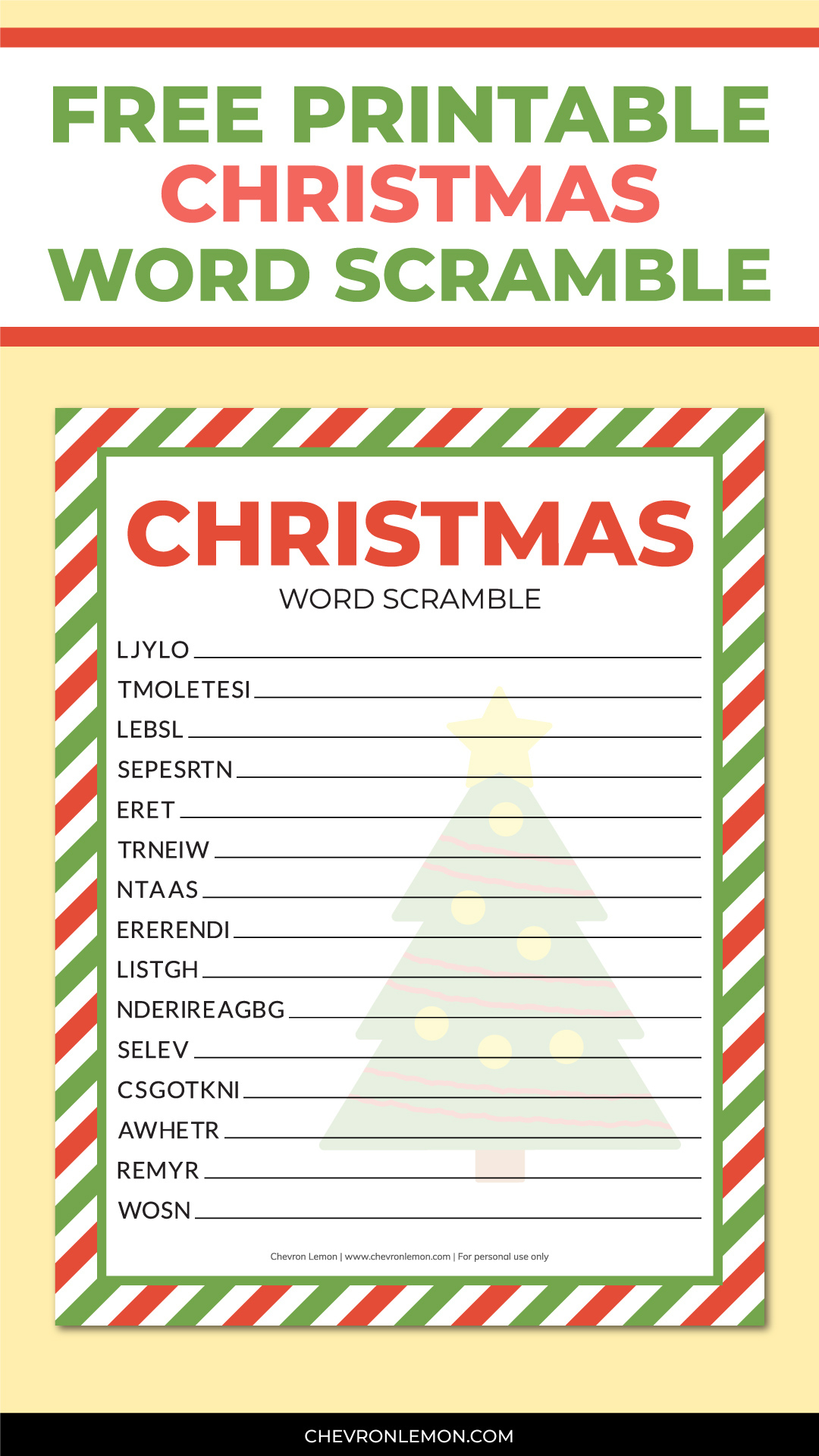Printable Christmas Word Scramble - Chevron Lemon regarding Christmas Unscramble Worksheets For Adults