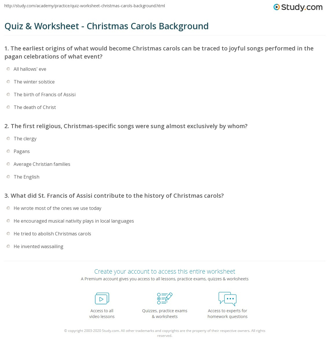 Quiz &amp;amp; Worksheet - Christmas Carols Background | Study in History Of Christmas Carols Worksheets
