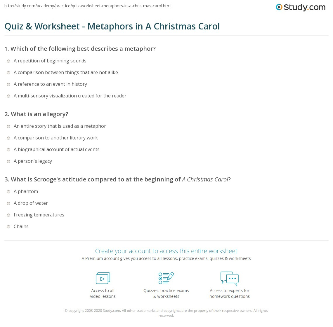 Quiz &amp;amp; Worksheet - Metaphors In A Christmas Carol | Study with A Christmas Carol Allegory Worksheets