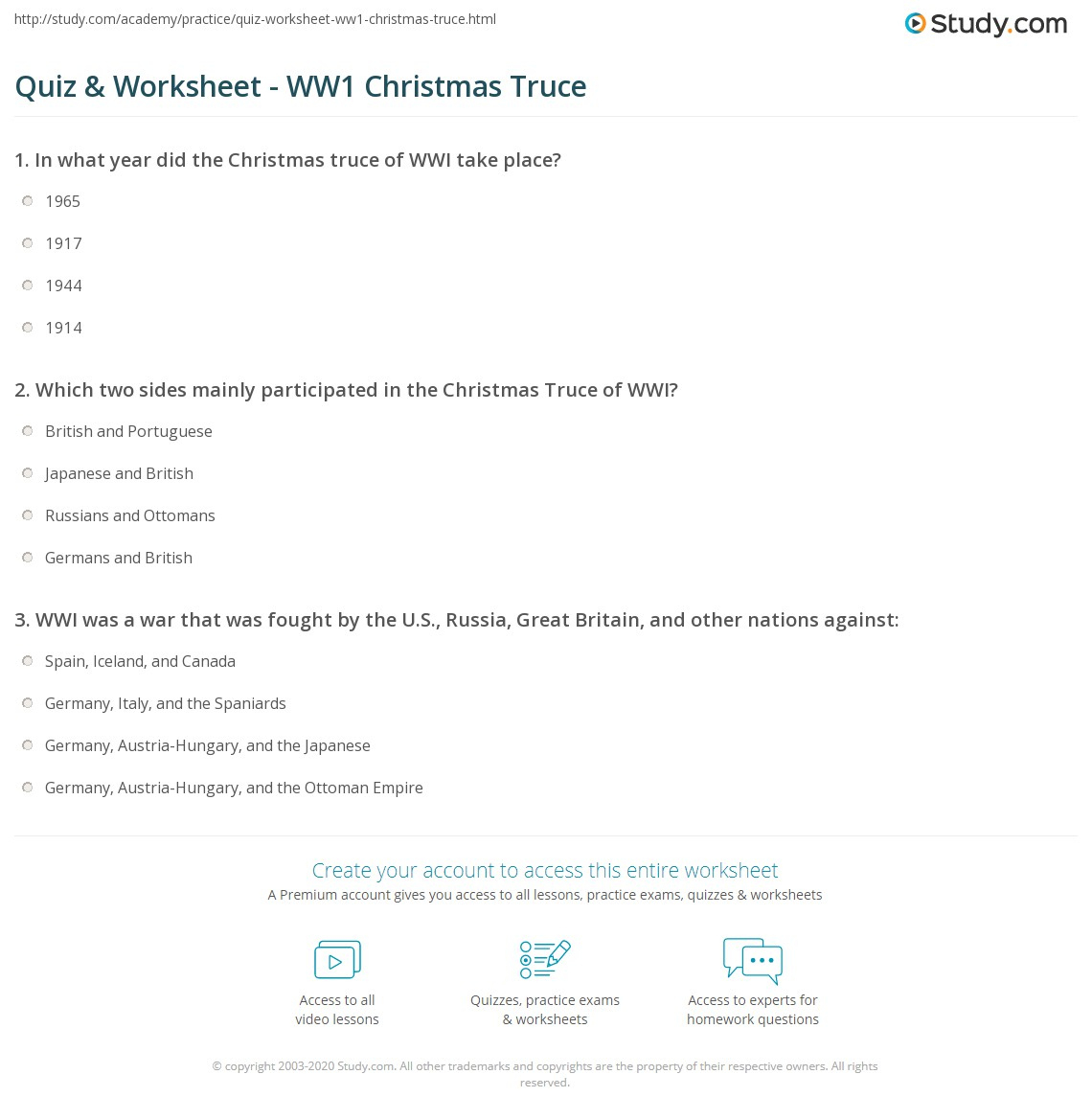 Quiz &amp;amp; Worksheet - Ww1 Christmas Truce | Study with regard to Answer Key the World War 1 Christmas Truce Worksheets Answers
