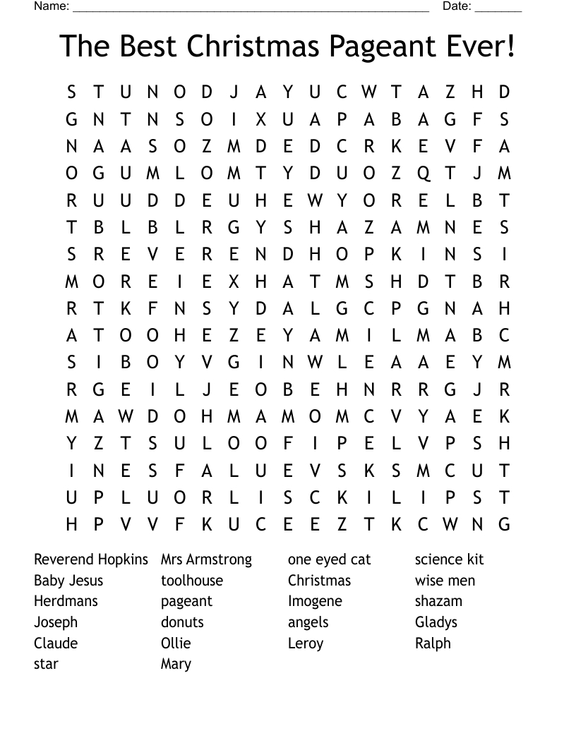 The Best Christmas Pageant Ever! Word Search - Wordmint with The Best Christmas Pageant Ever Worksheets