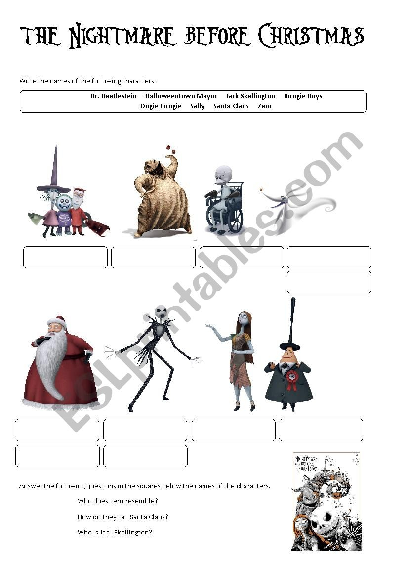 The Nightmare Before Christmas (Characters) - Esl Worksheet inside The Nightmare Before Christmas Worksheets