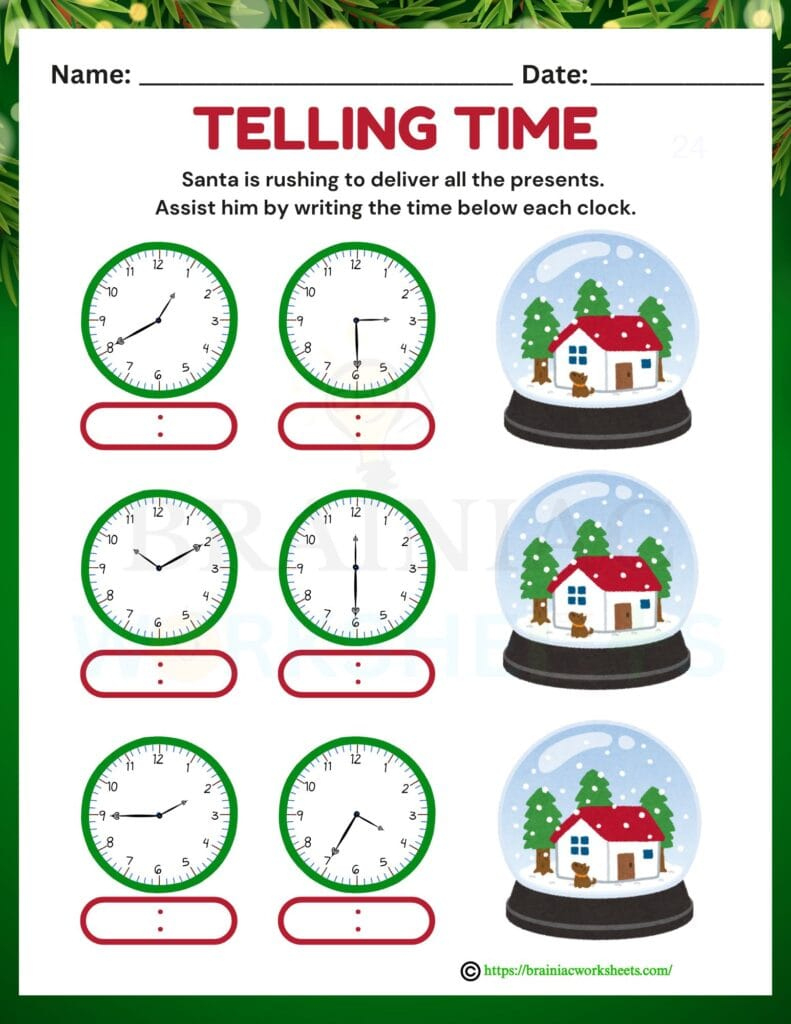 Time Telling Christmas Maths Worksheet For Class 4 - Brainiac for Christmas Telling Time Worksheets