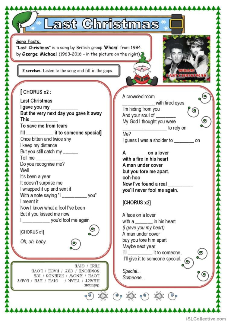 Wham-George Michael-Last Christmas (…: English Esl Worksheets Pdf inside Last Christmas Song Worksheets