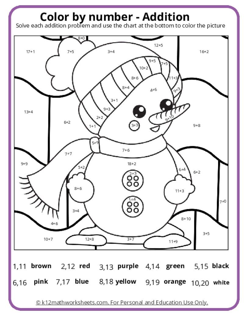Winter Colornumber Pages - K12 Math Worksheets for Color by Number Addition Christmas Worksheets Free