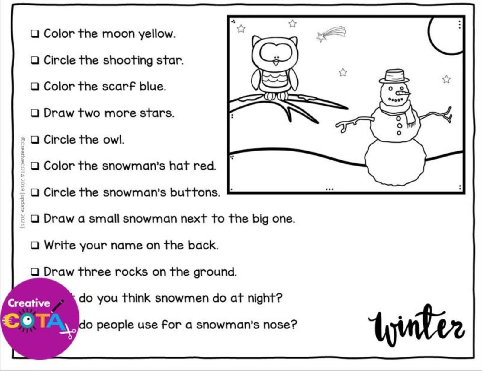 Winter Following Directions Activity - Your Therapy Source with Following Directions Christmas Worksheets