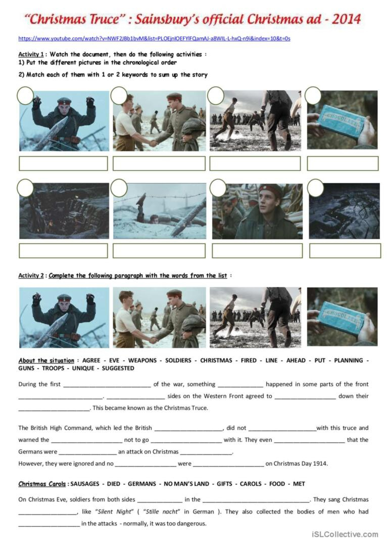 Ww1 : The Christmas Truce ( Sainbury…: English Esl Worksheets Pdf inside The Christmas Truce Worksheets